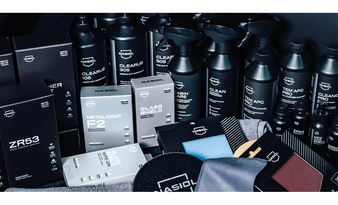 Nasiol bilplejeprodukter samlet &ndash; keramisk coating, polering, vask, APC, glascoating og professionelt bilplejeudstyr i komplet systemserie